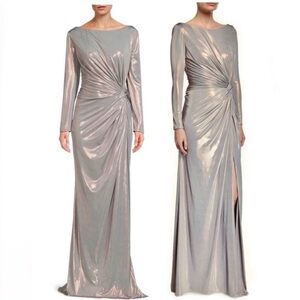 Rene Ruiz Collection Metallic Long-Sleeve Side Knot Column Gown - Neiman Marcus